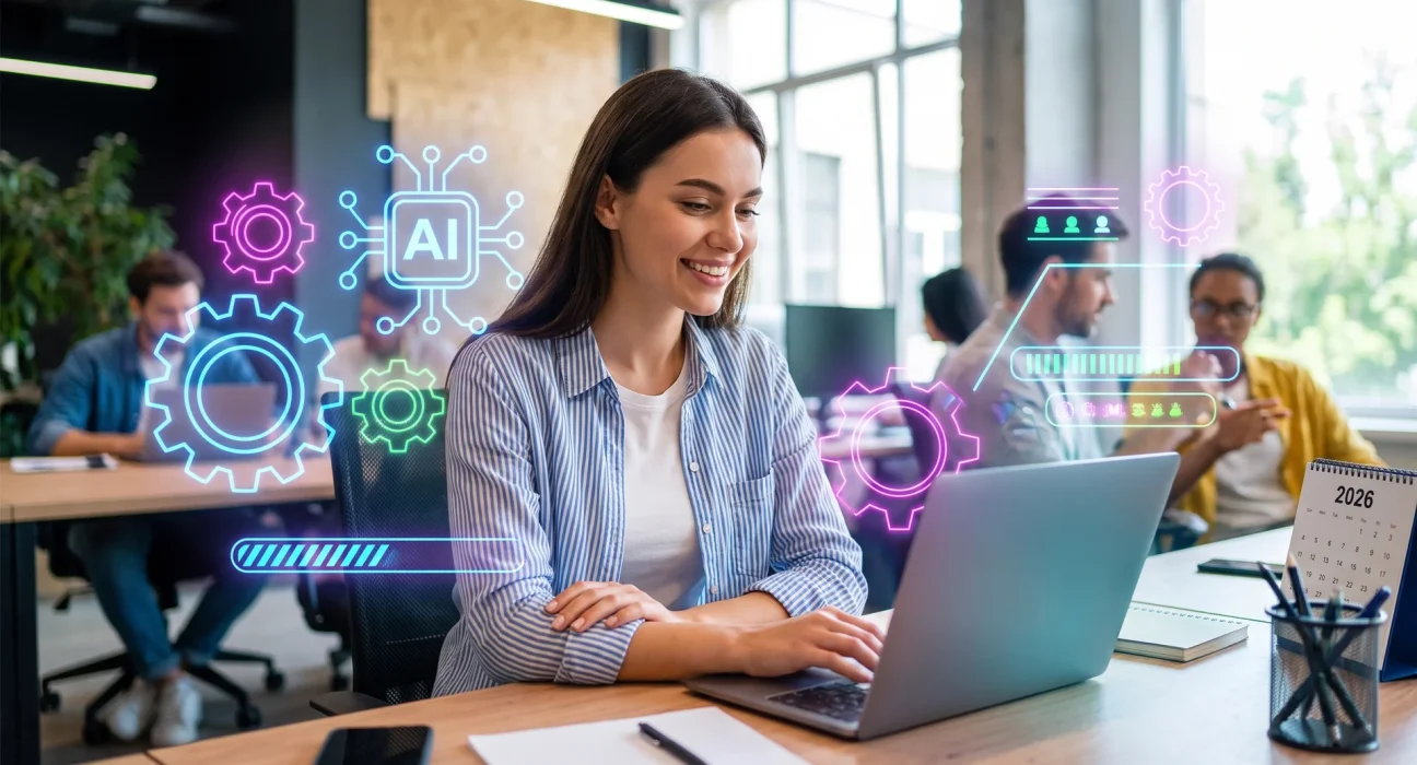 Joven profesionista sonriendo mientras trabaja en una laptop en un espacio de oficina moderno, rodeada de íconos flotantes de Inteligencia Artificial y gráficos de crecimiento.