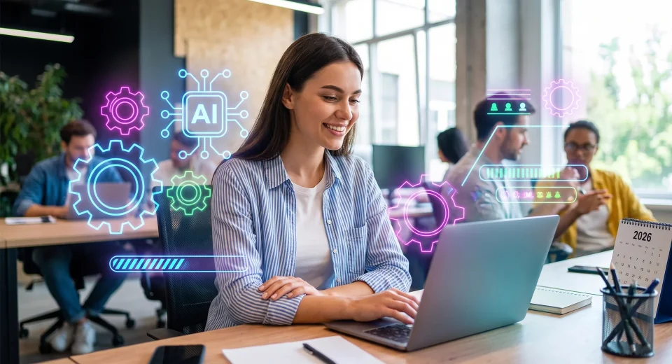 Joven profesionista sonriendo mientras trabaja en una laptop en un espacio de oficina moderno, rodeada de íconos flotantes de Inteligencia Artificial y gráficos de crecimiento.