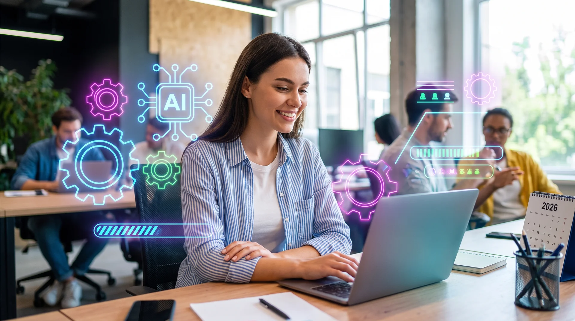 Joven profesionista sonriendo mientras trabaja en una laptop en un espacio de oficina moderno, rodeada de íconos flotantes de Inteligencia Artificial y gráficos de crecimiento.