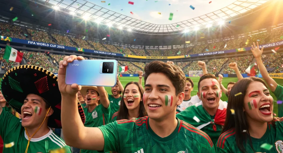 Aficionados mexicanos celebrando eufóricos un gol en las gradas de un estadio, uno de ellos capturando el momento con un teléfono inteligente vivo, con la cancha desenfocada de fondo.