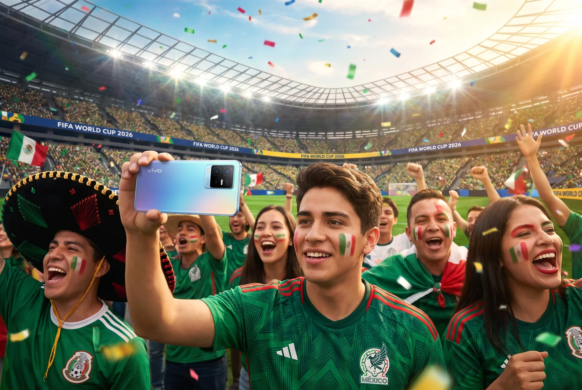 Aficionados mexicanos celebrando eufóricos un gol en las gradas de un estadio, uno de ellos capturando el momento con un teléfono inteligente vivo, con la cancha desenfocada de fondo.
