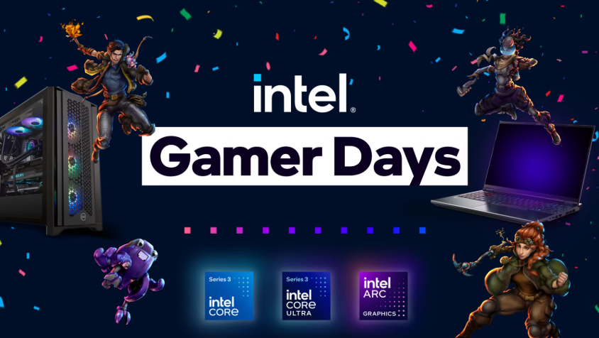 Setup de PC Gaming de alto rendimiento iluminado con luces LED azules, mostrando en sus pantallas los títulos Star Wars: Galactic Racer y Tomb Raider: Legacy of Atlantis durante los Intel Gamer Days 2026.