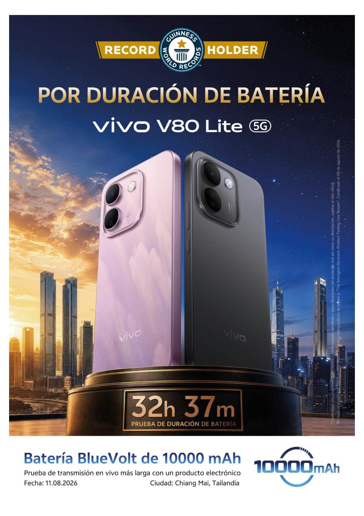 Smartphone con batería cargada, como el vivo V80 Lite 5G con 10,000 mAh